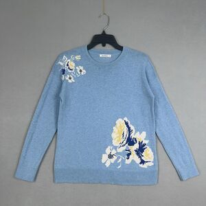 WoolOvers Sweater Womens XS Blue Floral Merino Coastal Cottage Grandma Luxury